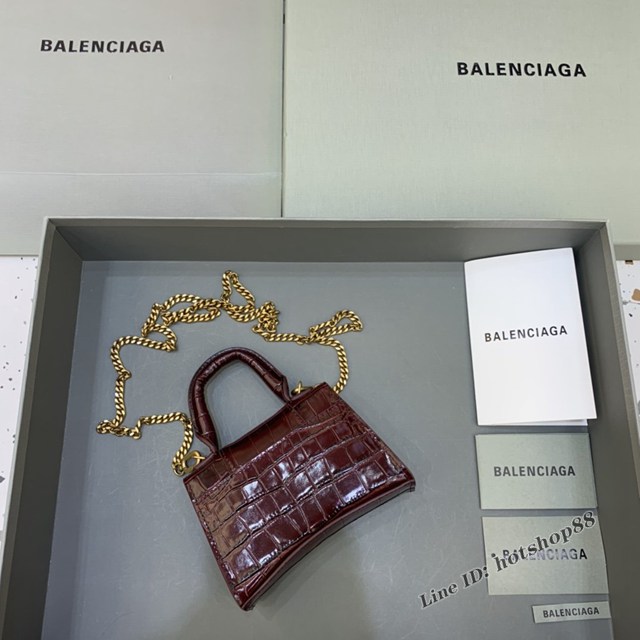 Balenciaga專櫃爆款手提女包 巴黎世家鱷魚紋牛皮棗紅色mini Hourglass沙漏包 fyj1016